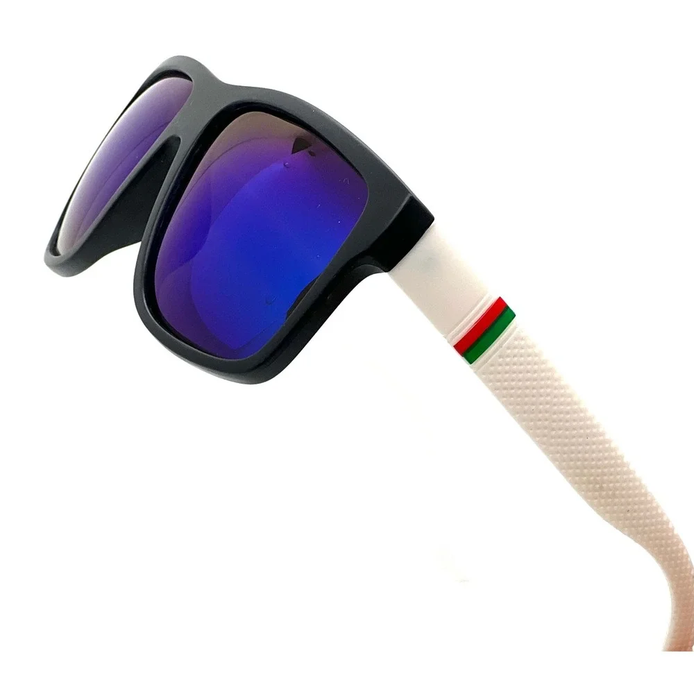 Mens Black Sunglasses Polarized Blue Mirror Lenses White Temple‎ Accents Lentes